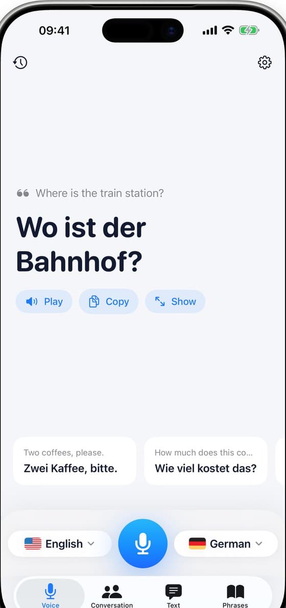 Translate Now on iPhone, showing a spoken translation