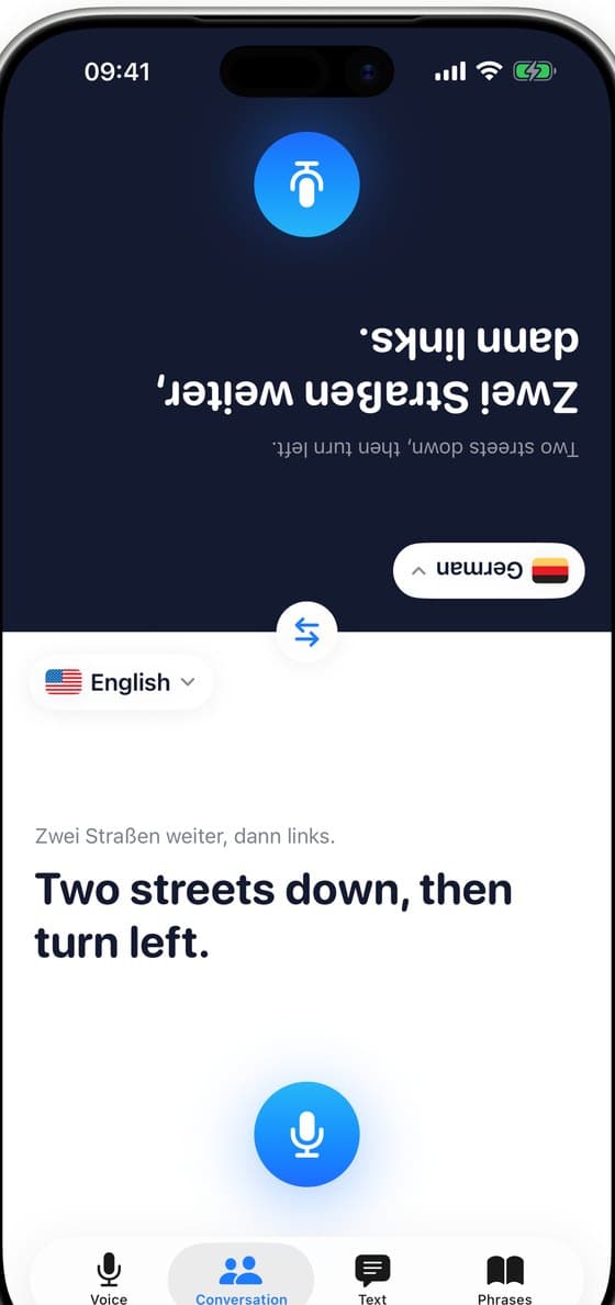 Conversation mode with the screen split between English and German