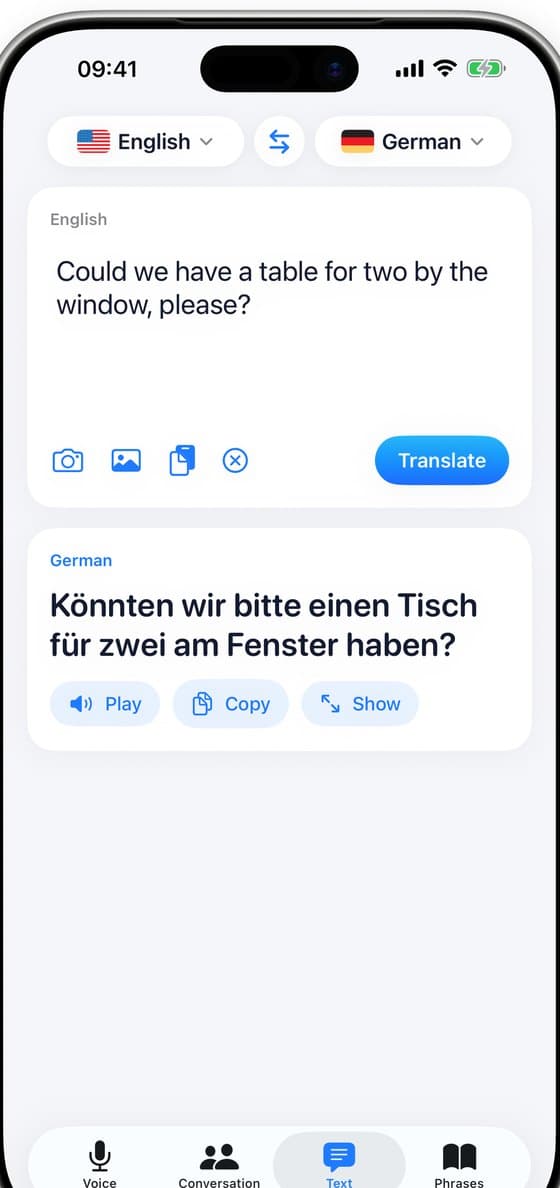 Translating typed text in Translate Now