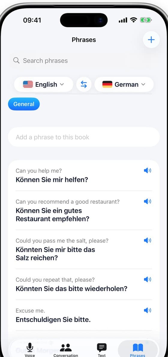 Saved phrases in Translate Now