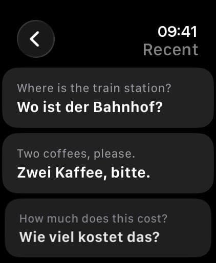 Recent translations listed on Apple Watch